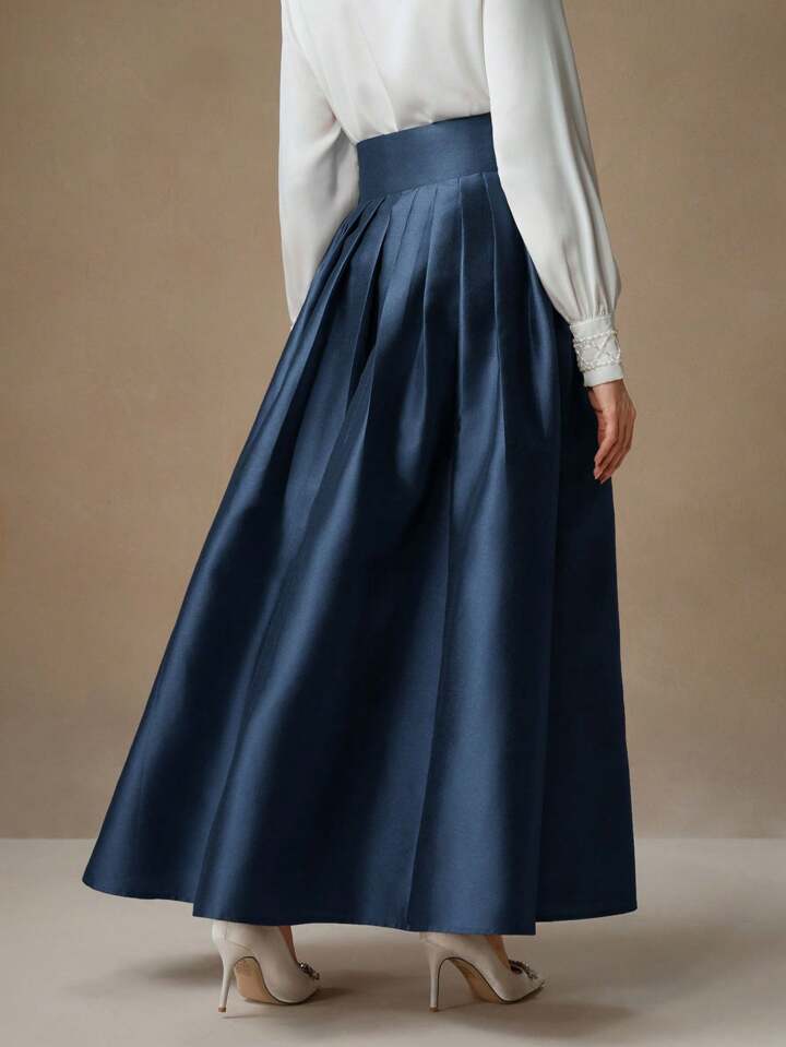 CM-BS166867 Women Elegant Seoul Style High Waisted Puff Pleated Long Skirt - Navy Blue