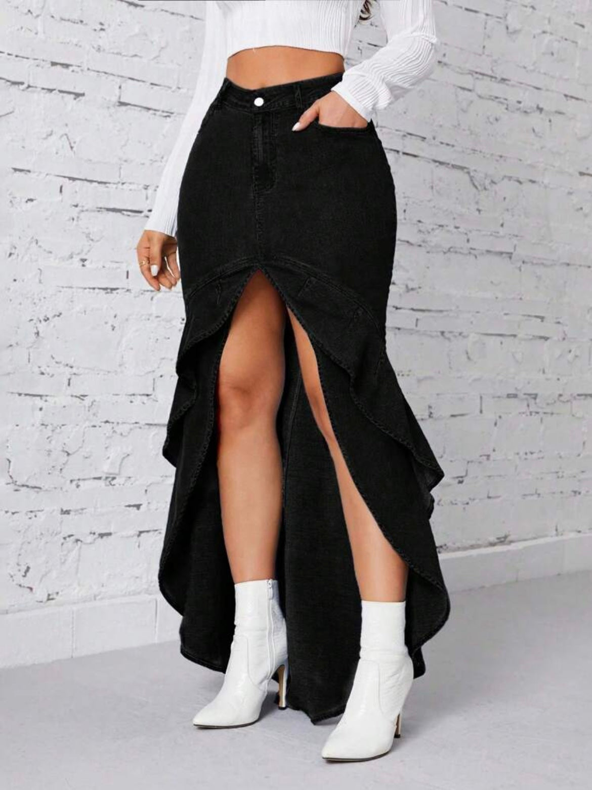 CM-BS844664 Women Casual Seoul Style Asymmetrical Ruffled Hem Side Slit Long Denim Skirt - Black
