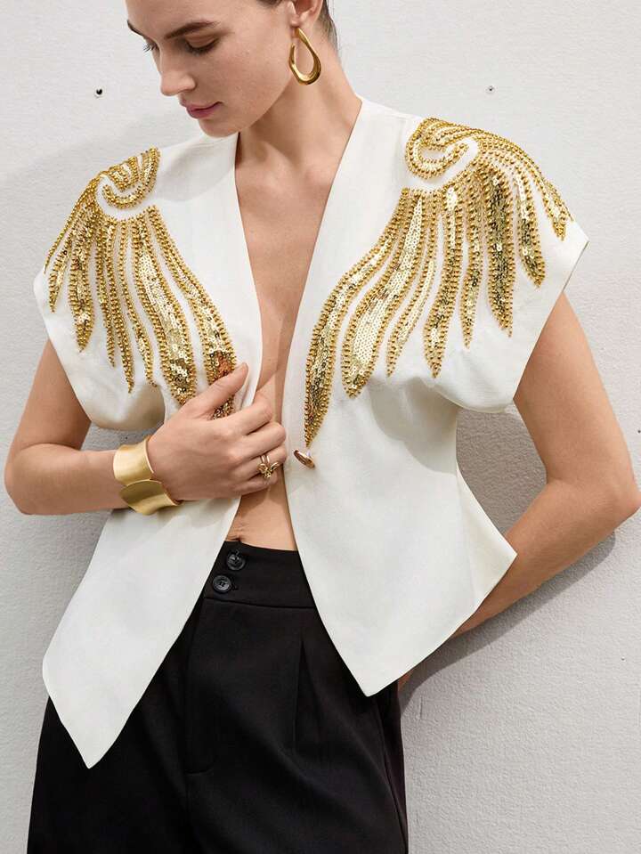 CM-TS871447 Women Elegant Seoul Style Asymmetrical Hem V-Neck Padded Beaded Embroidered Blouse - Beige