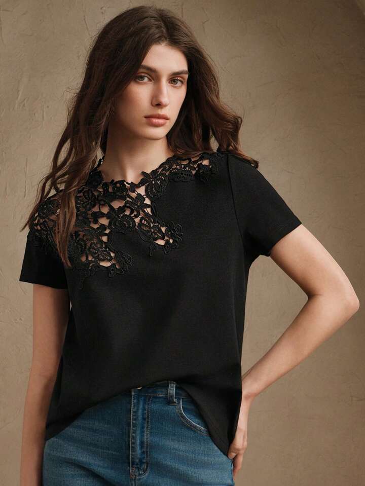 CM-TS707733 Women Casual Seoul Style Lace Crochet Patchwork Hollow Out Short Sleeve Blouse - Black