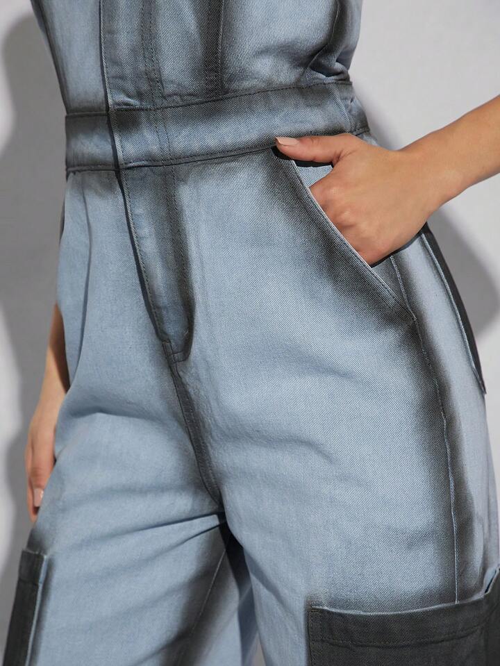 CM-JS191157 Women Elegant Seoul Style Light Wash Colorblock Tube Cargo Denim Jumpsuit