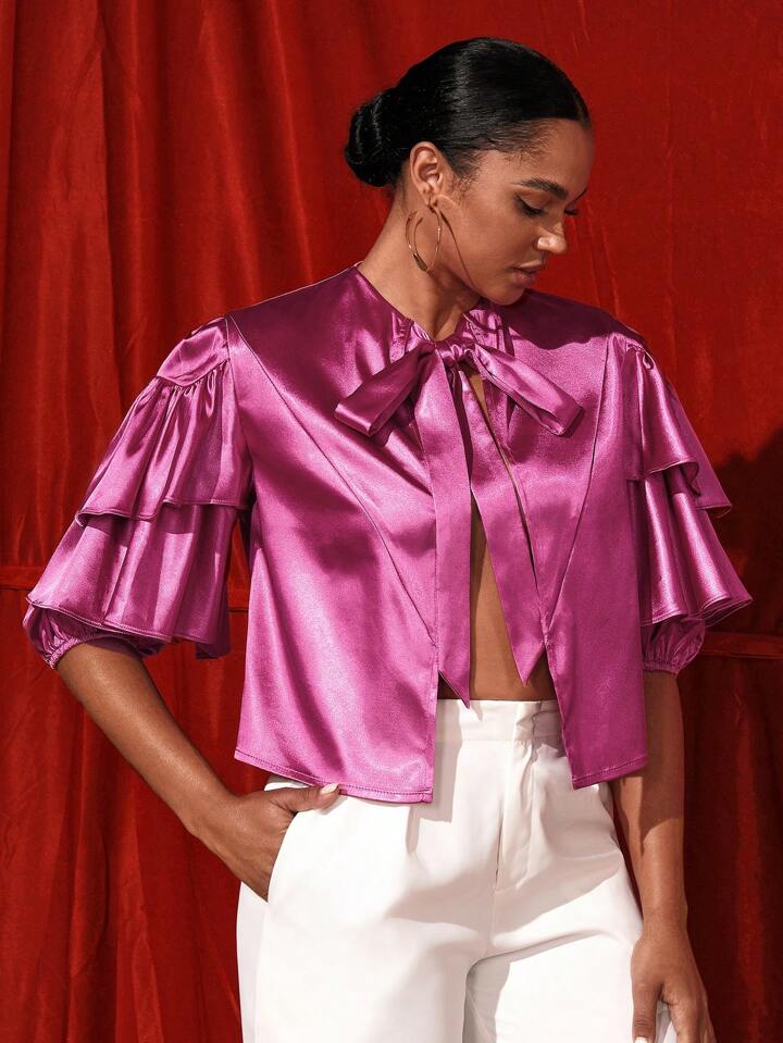CM-TS176433 Women Casual Seoul Style Tie Neck Short Sleeve Ruffle Bolero Blouse - Hot Pink
