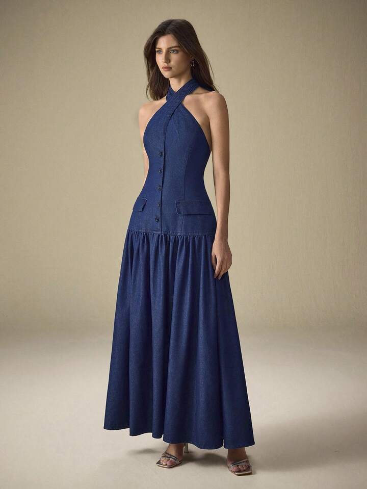 CM-DS379344 Women Elegant Seoul Style Halter Neckline Sleeveless Button Front Mid Waist Denim Dress - Blue
