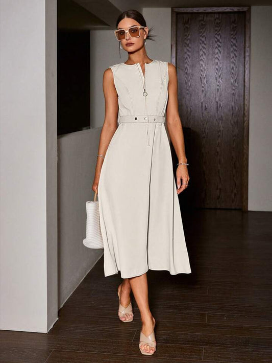 CM-DS234033 Women Casual Seoul Style Round Neck Half Zipper Sleeveless Dress - Light Gray