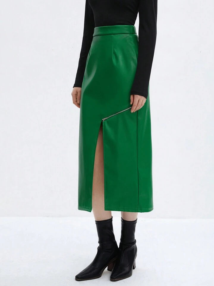 CM-BS095313 Women Elegant Seoul Style High Waist Slit Hem Skinny Skirt - Green