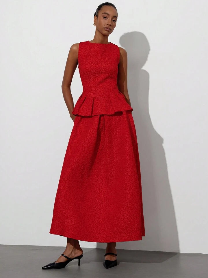 CM-SS678805 Women Elegant Seoul Style Sleeveless Jacquard Top With Layered Waist Detail Extra Long Skirt - Set