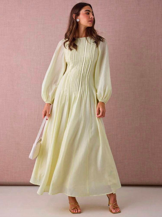 CM-DS915288 Women Elegant Seoul Style Round Neck Lantern Sleeve Pleated Design A-Line Maxi Dress - Yellow