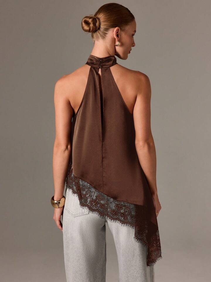 CM-TS415110 Women Elegant Seoul Style Asymmetrical High Neck Halter Top Lace Sleeveless Blouse - Coffee Brown