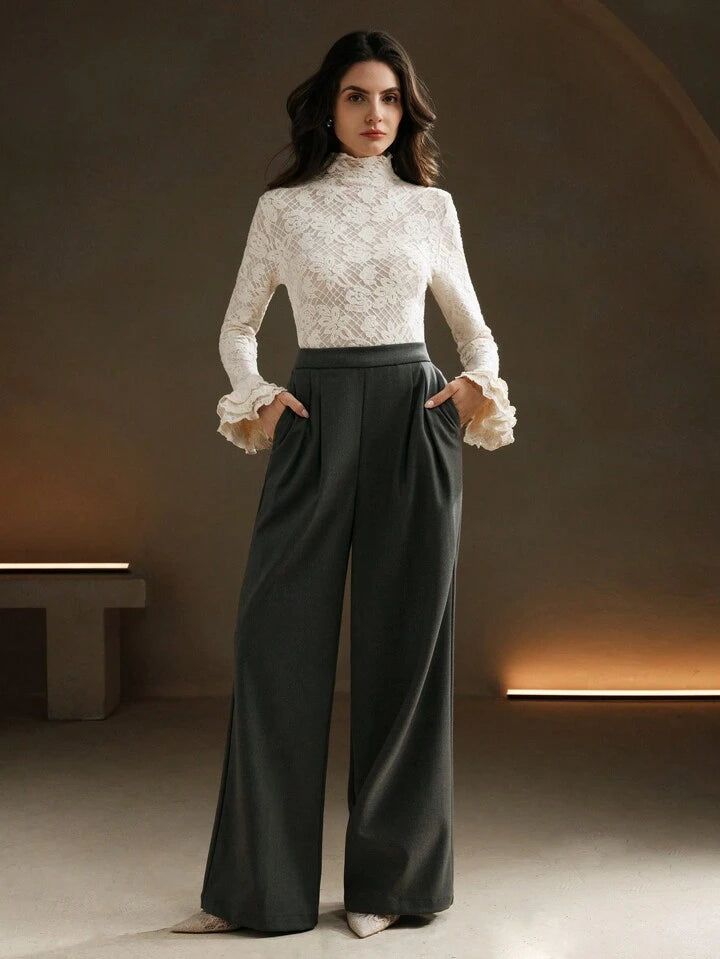 CM-TS929621 Women Elegant Seoul Style Stand Collar Long Sleeve Ruffle Cuff Fitted Crochet Blouse - Apricot