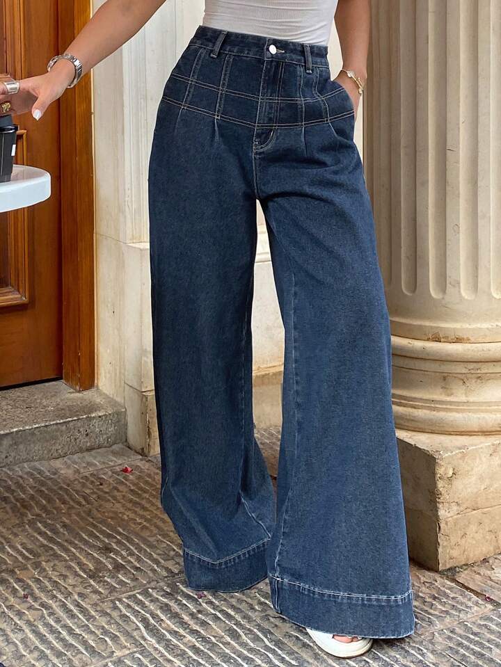 CM-BS285981 Women Casual Seoul Style Dark Wash Loose Wide Leg Denim Jeans