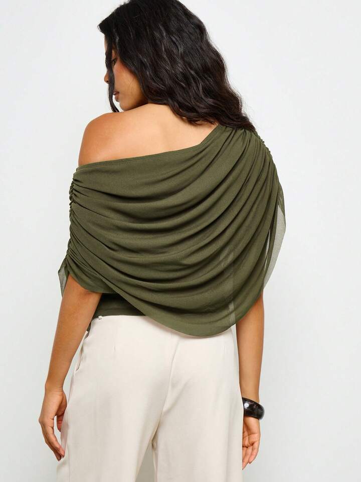 CM-TS345339 Women Elegant Seoul Style Off Shoulder Ruched Draped Long Sleeve Blouse - Army Green