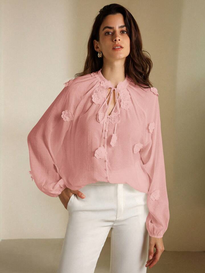 CM-TS319089 Women Elegant Seoul Style V-Neck Tie-Waist 3D Floral See-Through Blouse - Pink