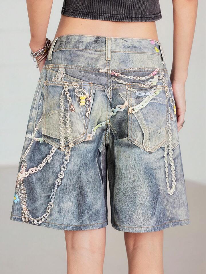 CM-BS211137 Women Casual Seouol Style Low Waist Washed Chain Printed Loose Denim Shorts - Blue