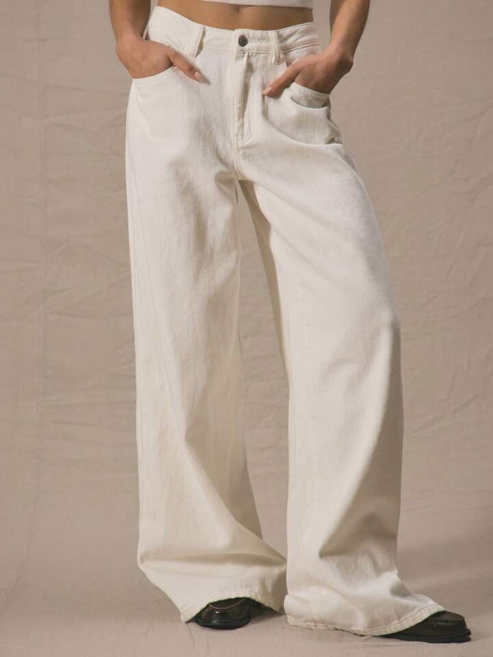CM-BS468966 Women Casual Seoul Style Mid Rise Wide Leg Denim Jeans - White