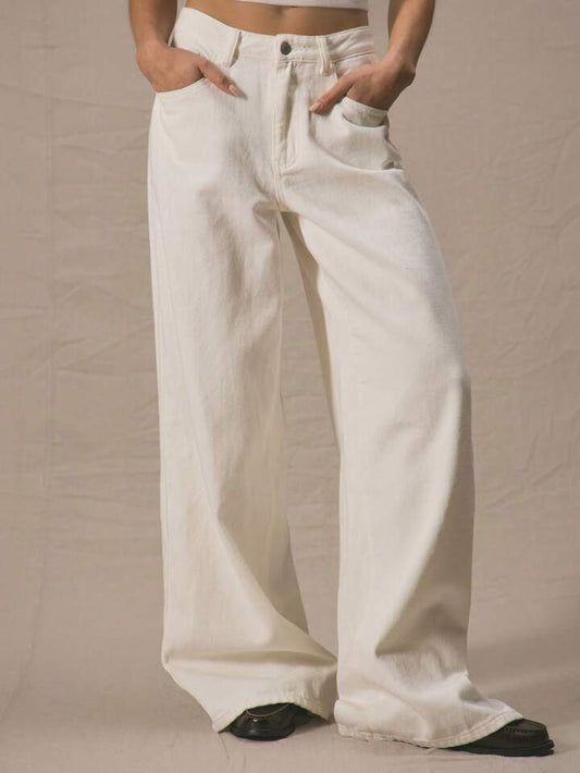 CM-BS468966 Women Casual Seoul Style Mid Rise Wide Leg Denim Jeans - White