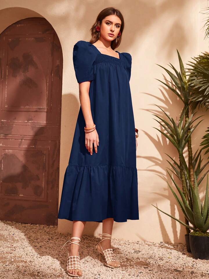 CM-DS943684 Women Casual Seoul Style Puff Sleeve Ruffle Hem Smock Dress - Navy Blue