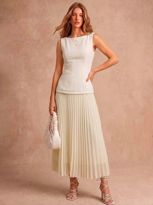 CM-DS567698 Women Elegant Seoul Style Boat Neck Sleeveless Pleated Hem Backless Maxi Dress - Beige