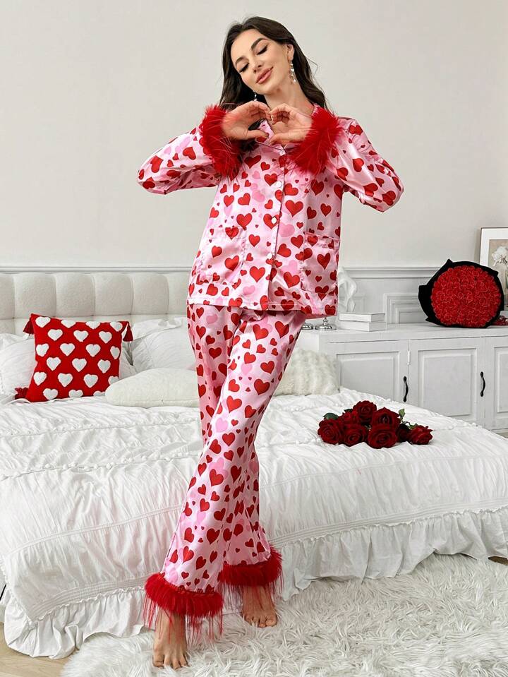 CM-LS331818 Women Trendy Seoul Style Faux Fur Patchwork Long Sleeve Top With Long Pants Pajama Set