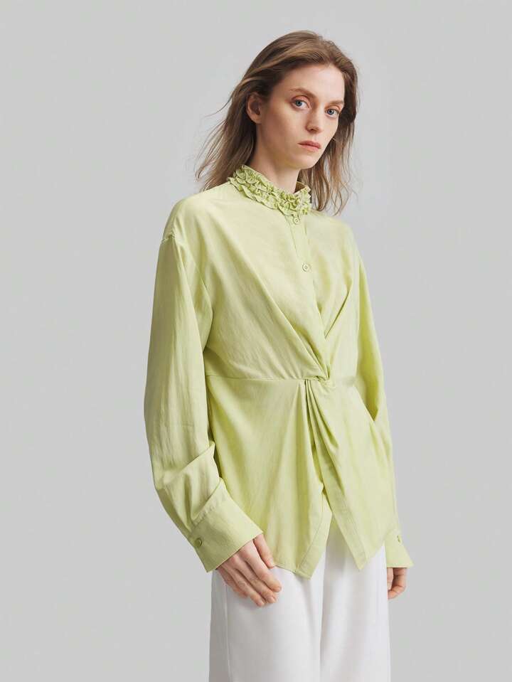 CM-TS540434 Women Elegant Seoul Style Stand Collar Drop Shoulder Long Sleeve Asymmetrical Shirt - Green