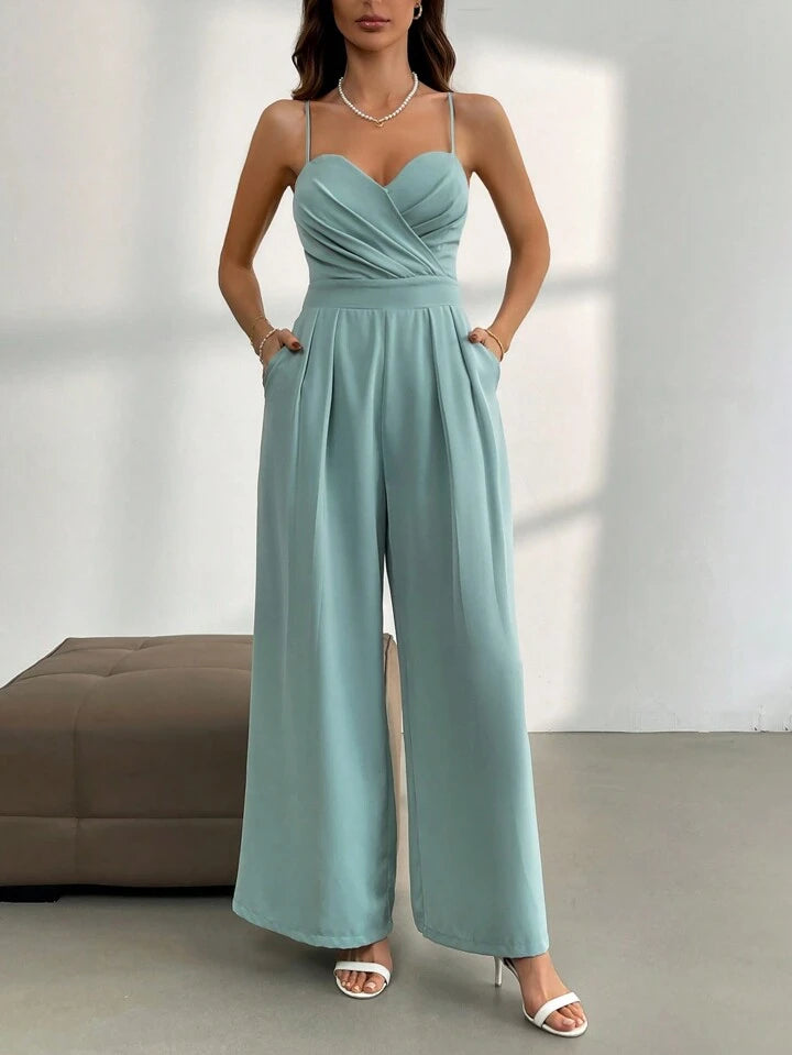 CM-JS227971 Women Elegant Seoul Style V-Neck Spaghetti Straps High Waist Jumpsuit - Mint Green