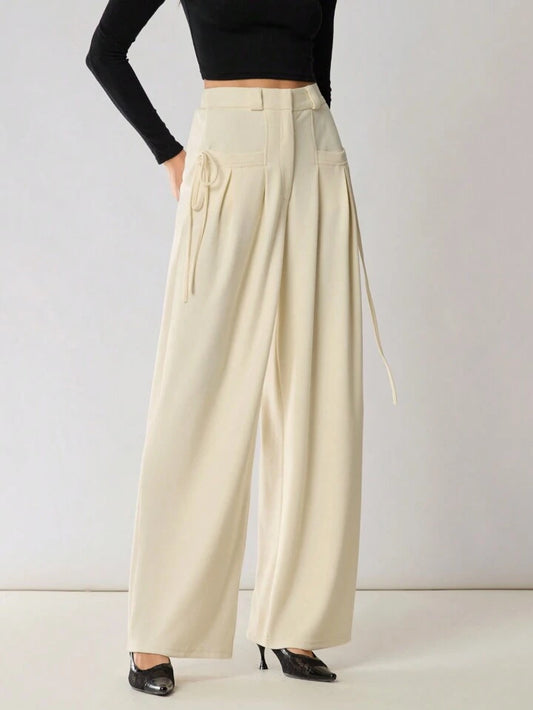CM-BS518013 Women Casual Seoul Style Solid Color Drawstring Pocket Minimalist Pants - Apricot