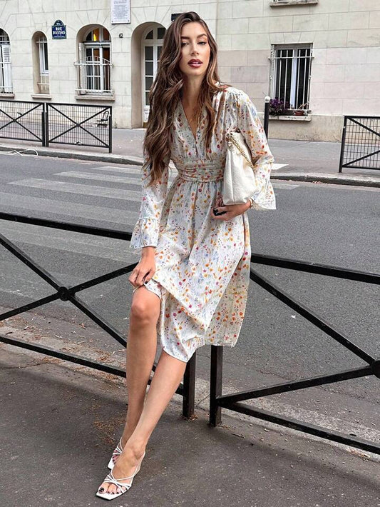 CM-DS933020 Women Casual Seoul Style V-Neck Ditsy Floral Long Sleeve Wrap Waist Dress