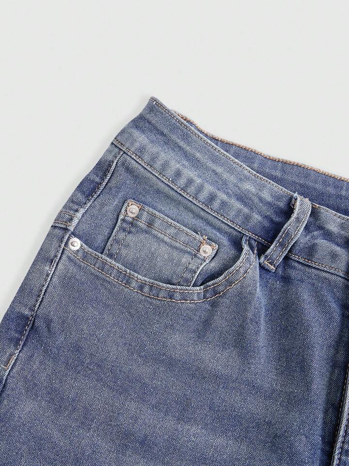 CM-BS882248 Women Casual Seoul Style Punk Y2K Butt Star Embroidered Tight Flared Jeans - Blue