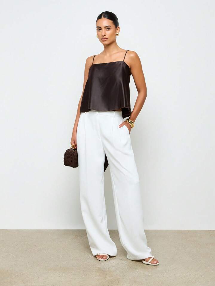 CM-TS962740 Women Casual Seoul Style Satin Spaghetti Strap Drape Backless Top - Coffee Brown