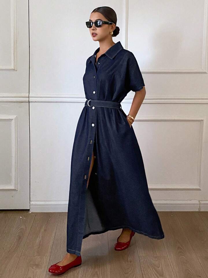 CM-DS949038 Women Casual Seoul Style Collared Waist Cinched Short Sleeve Oversized Denim Dress - Blue
