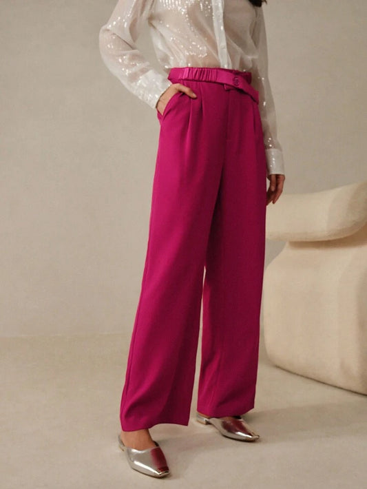 CM-BS900319 Women Elegant Seoul Style Elastic Waist Pleated Straight Leg Trousers - Hot Pink