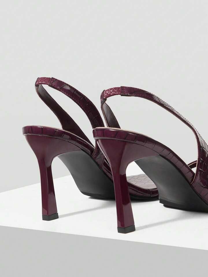 CM-SHS994189 Women Trendy Seoul Style Crocodile Pattern Slingback Square Toe Stiletto Sandals - Burgundy