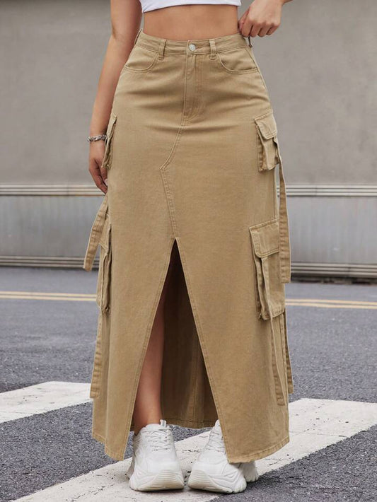 CM-BS203122 Women Casual Seoul Style Front Button Pocket Slit Denim A-Line Skirt - Brown