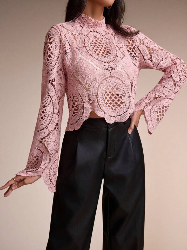 CM-TS544222 Women Casual Seoul Style Stand Collar Lace Hollow-Out See-Through Blouse - Pink