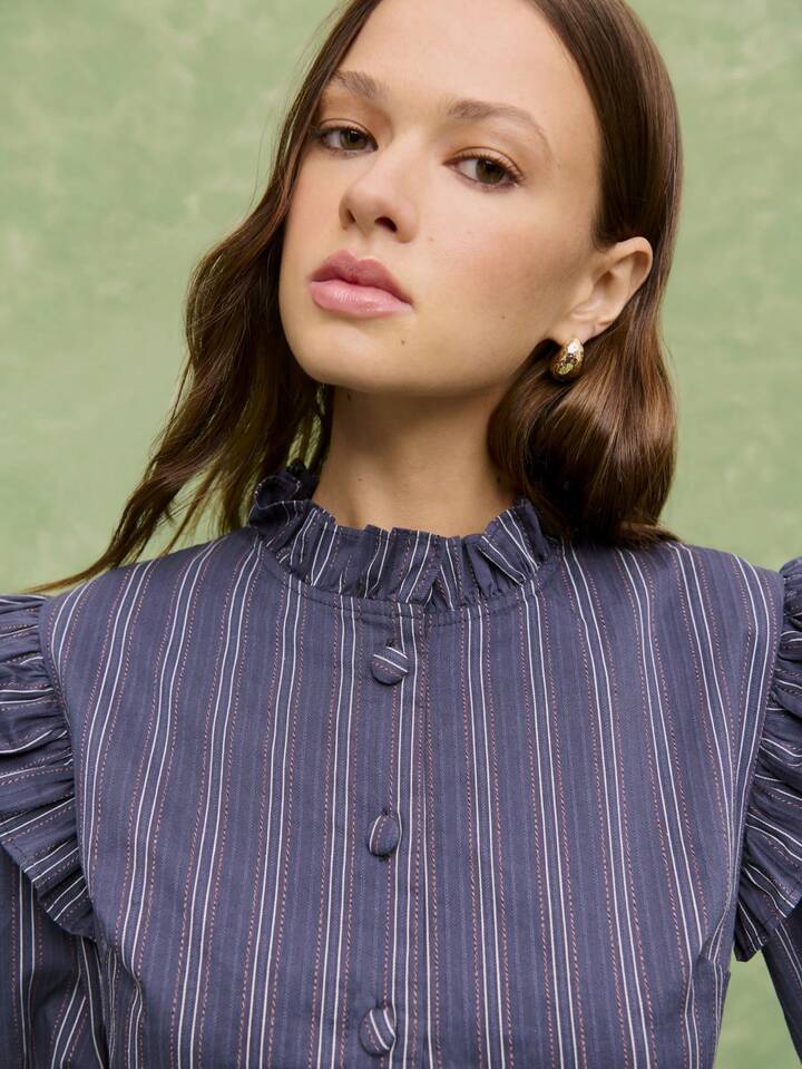 CM-JS316963 Women Casual Seoul Style Ruffled Collar Puff Sleeve Wide Leg Pinstripe Jumpsuit - Navy Blue