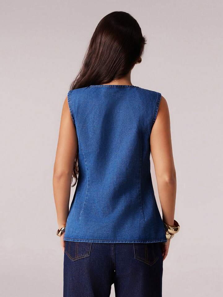 CM-TS440422 Women Casual Seoul Style Medium Wash Round Neck Sleeveless Oblique Placket Design Denim Tank Top