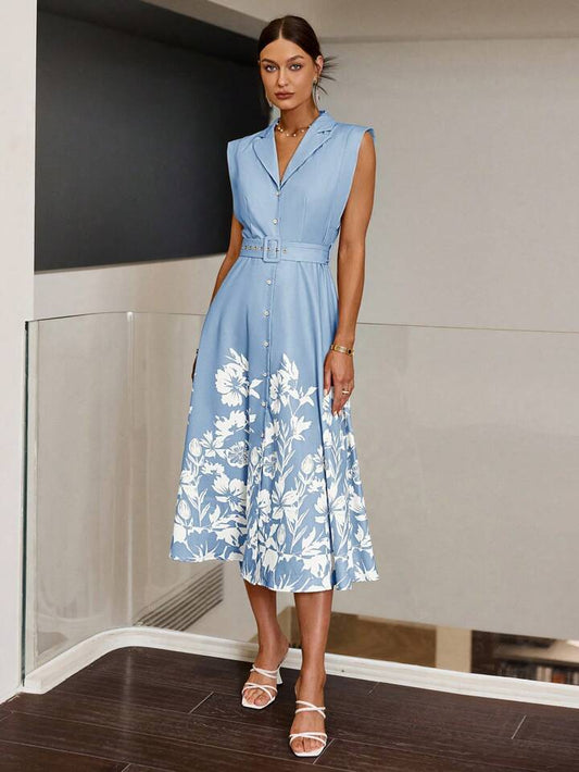 CM-DS451775 Women Elegant Seoul Style Floral Printed Front Button Sleeveless Dress - Blue