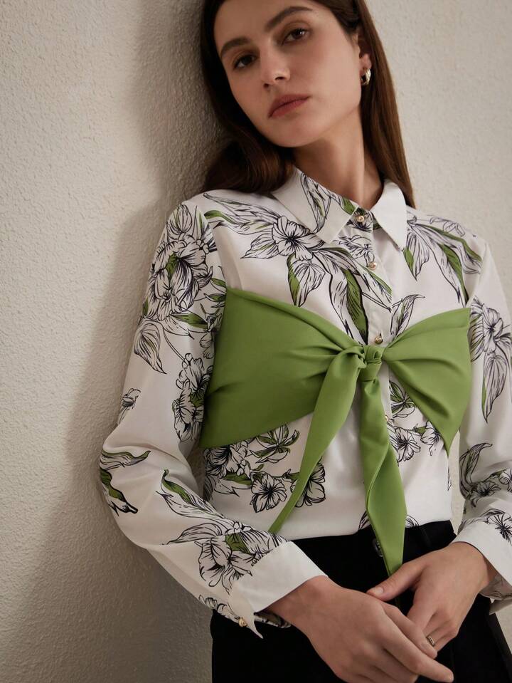CM-TS881728 Women Casual Seoul Style Random Printed Bow-Tie Long Sleeve Shirt