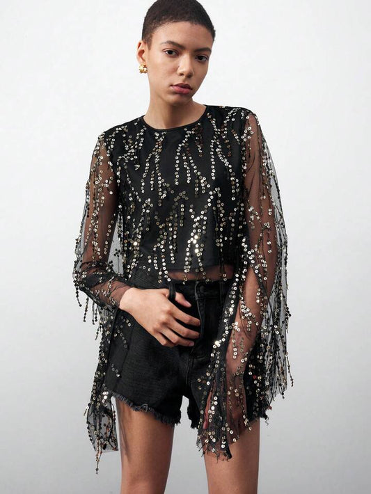 CM-TS219613 Women Elegant Seoul Style Round Neck Sequined Mesh Flare Sleeves Top