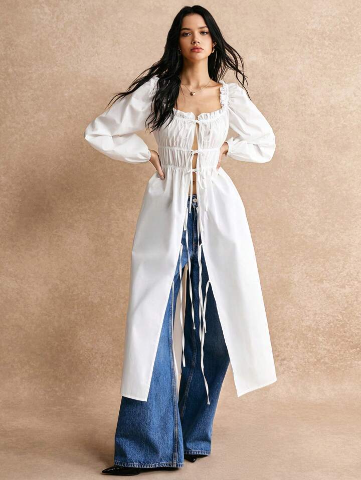 CM-TS147828 Women Casual Seoul Style Lace Up Bowknot Front Lantern Sleeve Long Shirt - White