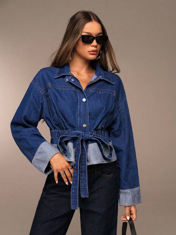 CM-CS044001 Women Elegant Seoul Style Dark Wash Collar Neckline Single Breasted Long Sleeve Denim Jacket