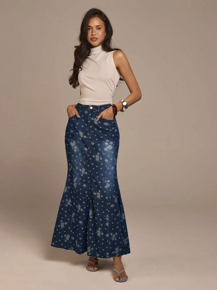 CM-BS732323 Women Casual Seoul Style Dark Wash High Waist Rose Jacquard Mermaid Maxi Denim Skirt