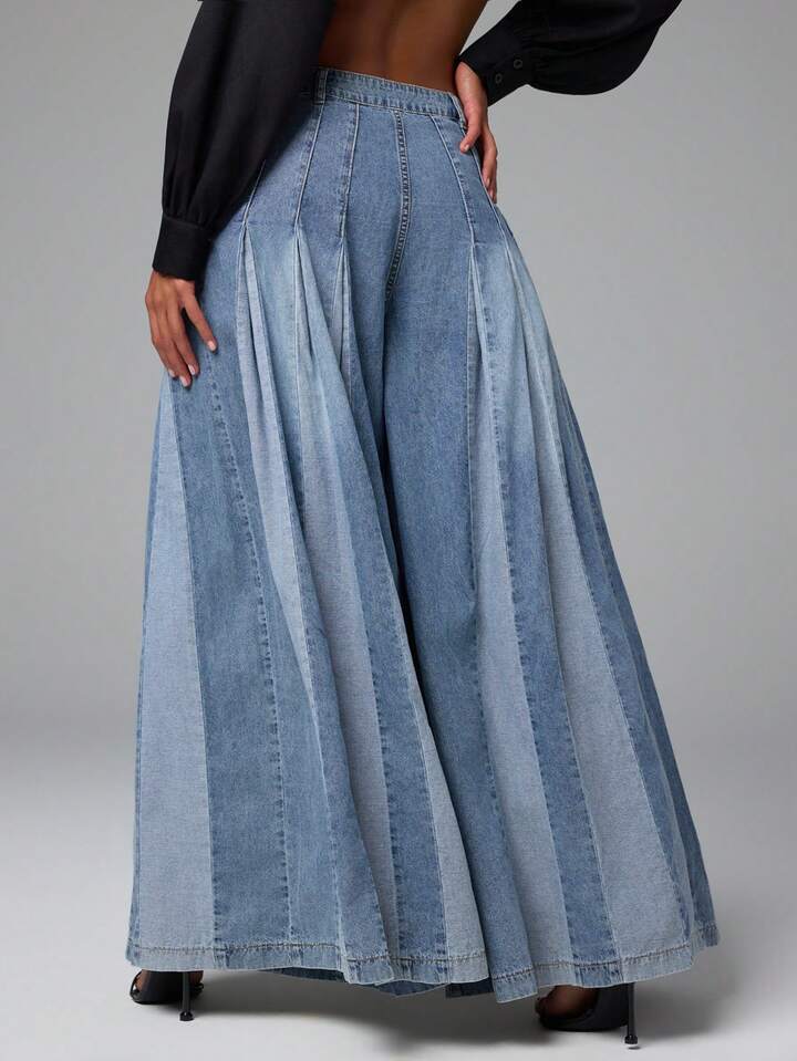 CM-BS851606 Women Casual Seoul Style Medium Wash Two Tone Color Block Wide Leg Flowy Baggy Jeans