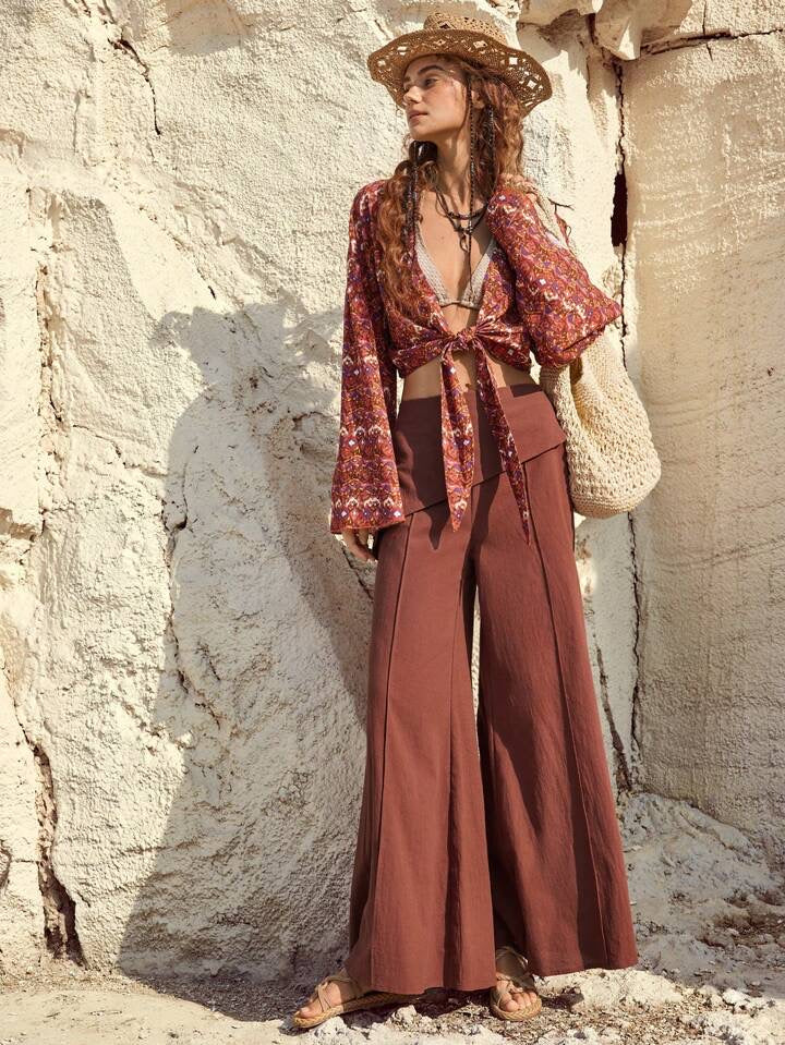 CM-BS966696 Women Trendy Bohemian Style High Waist Flared Trousers - Coffee Brown