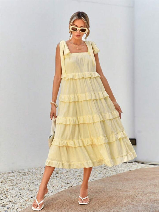 CM-DS642010 Women Trendy Bohemian Style Multilayered Frills Square Neck Sleeveless Dress - Yellow