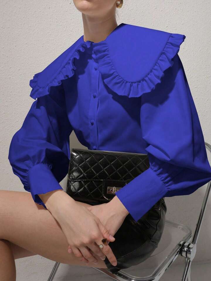 CM-TS278792 Women Elegant Seoul Style Solid Color Peter Pan Collar Bishop Sleeve Ruffle Detail Long Sleeve Blouse