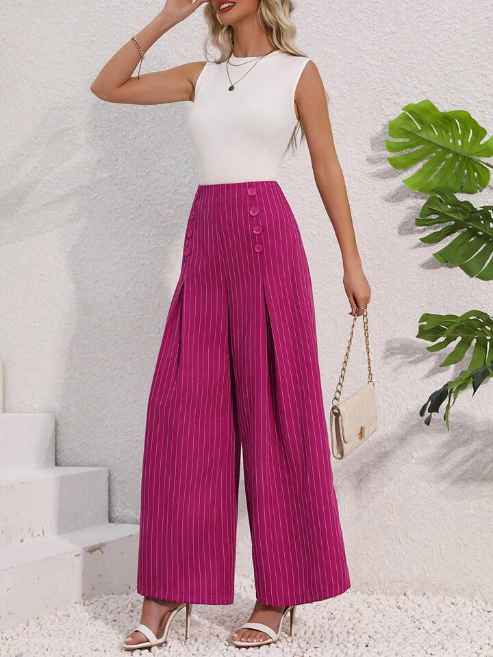 CM-BS907070 Women Casual Seoul Syle Striped High Waist Pleated Wide Leg Pants