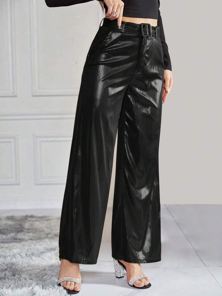 CM-BS949555 Women Elegant Seoul Style High Waist Belted Metallic Wide Leg Pants - Black