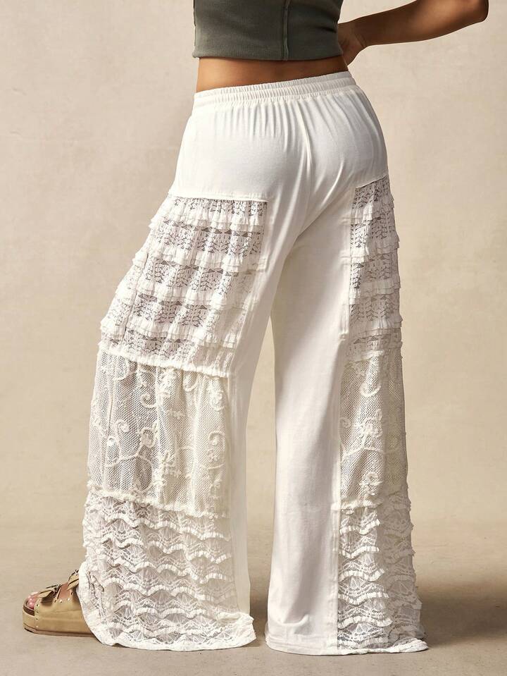 CM-BS740990 Women Trendy Bohemian Style Solid Color Knit Contrast Lace Wide Leg Pants - Apricot