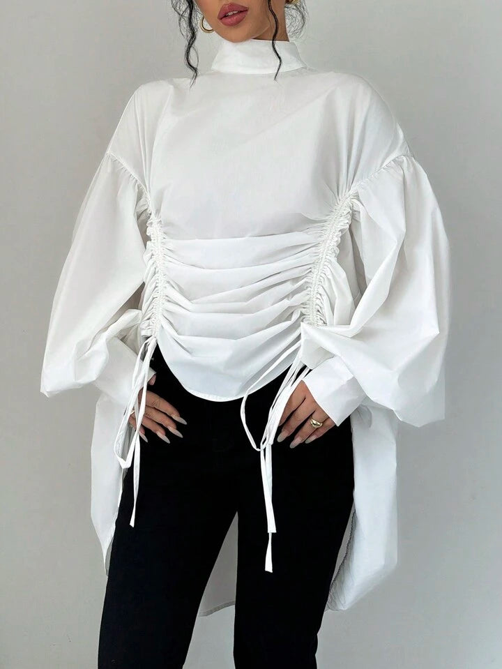 CM-TS110618 Women Casual Seoul Style Solid Color Stand Collar Long Sleeve Loose Pleated Shirt - White