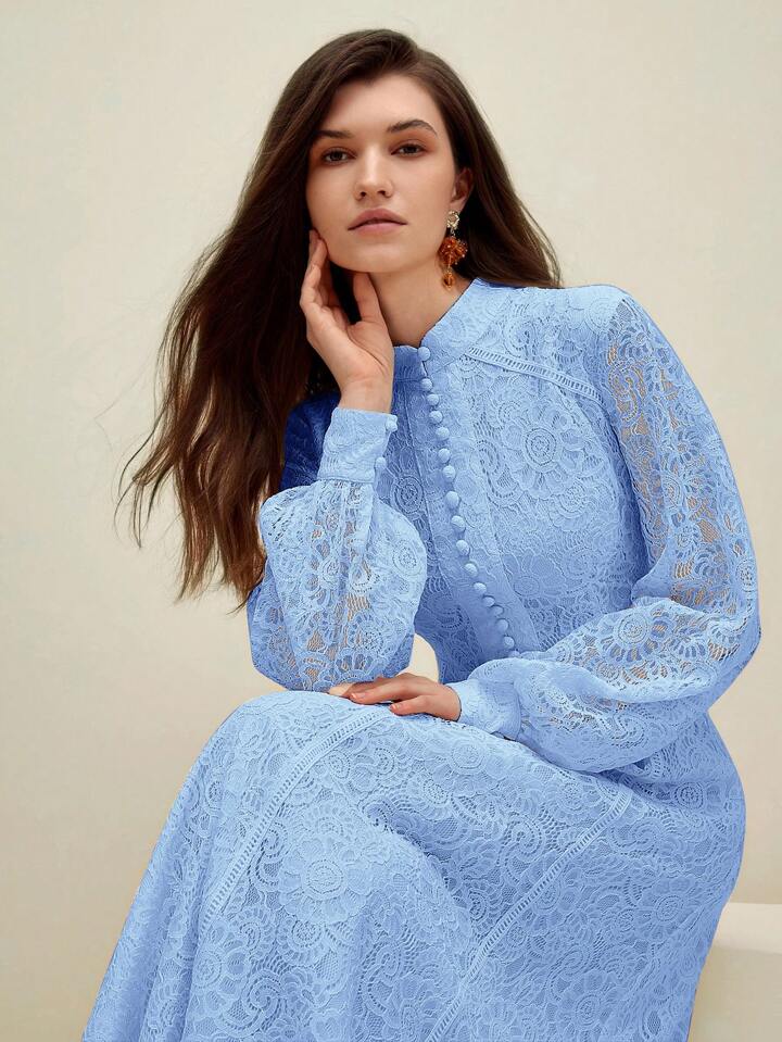 CM-DS730692 Women Elegant Seoul Style Lace Mandarin Collar Long Sleeve A-Line Dress - Baby Blue